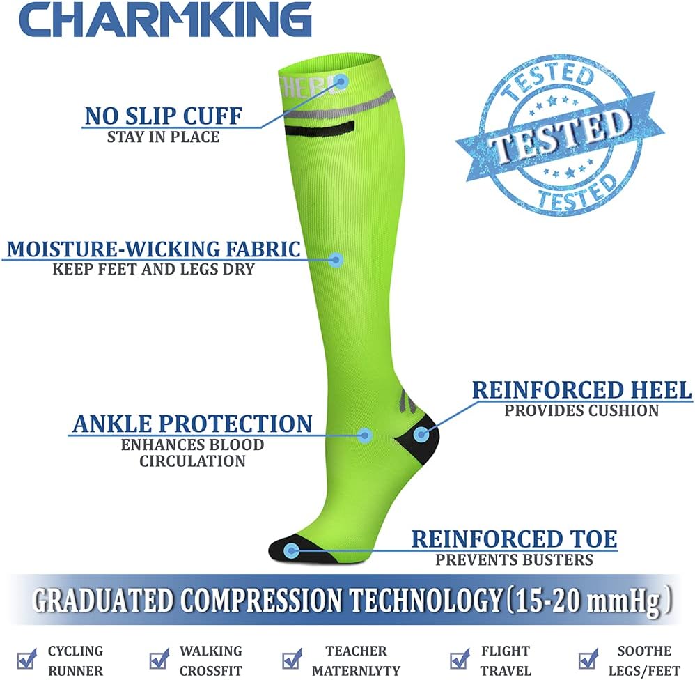 CHARMKING Compression Socks for Women & Men Circulation (8 Pairs) 15-20 mmHg is Best Support for Athletic Running,Cycling