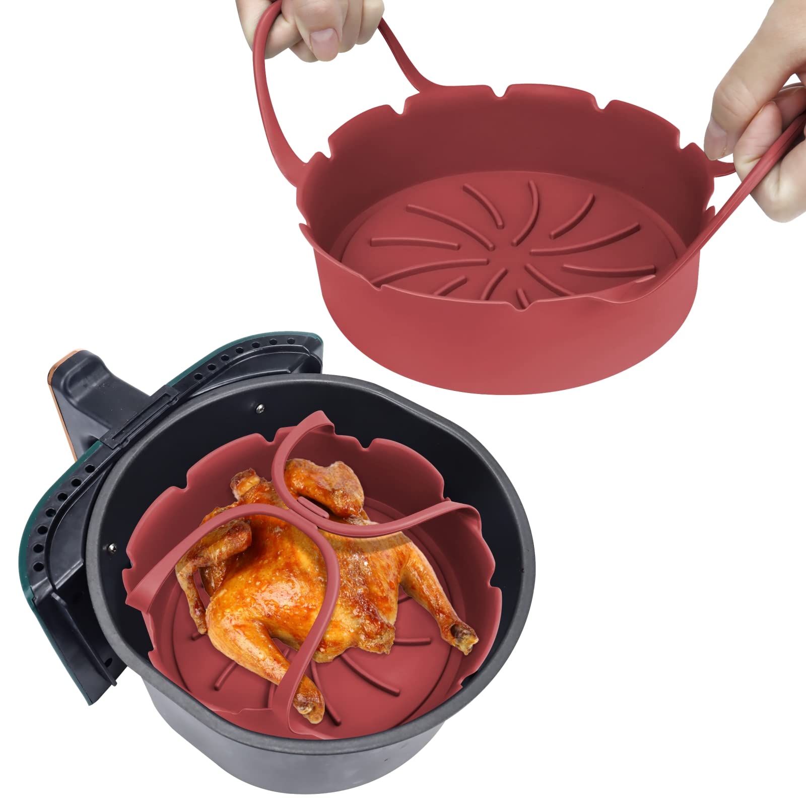 2Pcs Silicone Air Fryer Liner, 7" Round Air Fryer Pot Reusable Air Fryer Basket Heat Resistant Non-Stick Waterproof Air Fryer Mat with Long Handles for Air Fryer Accessory Oven Microwave (Wine Red)