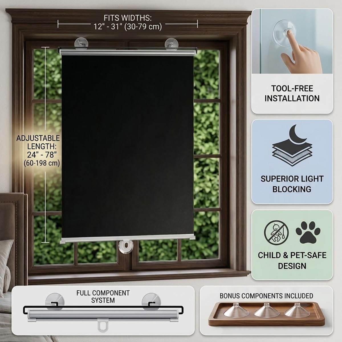 Estor Enrollable Opaco Sin Taladrar, Persiana Enrollable con Ventosa, Cortinas Blackout Protección UV, Estores Temporales Portátiles, para Ventanas Cocina Oficina y Coche(75 A x 80 H cm)