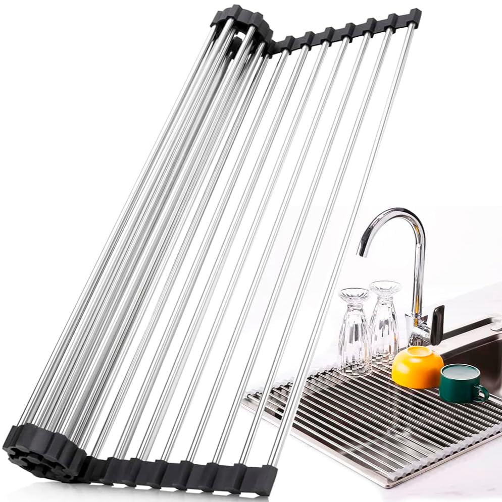 Marctani Escurreplatos Plegable sobre Fregadero - Escurridor de Platos Enrrollable de Acero Inoxidable, Malla de Drenaje Resistente AL Calor para Secar Frutas, Verduras y Platos (Negro, 43x30 cm)
