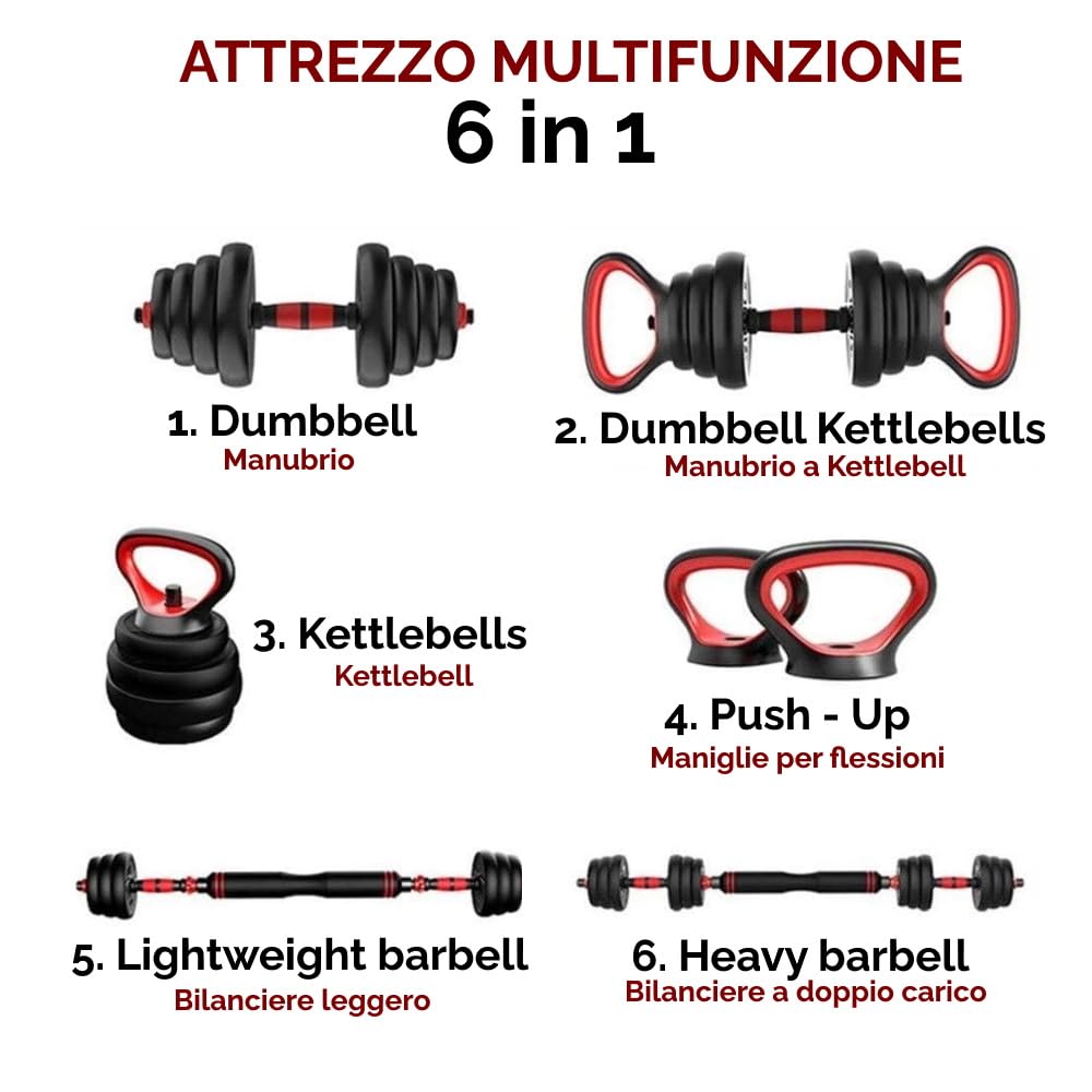 Set Manubri Regolabili Convertibili in Bilanciere 6 in 1 Kettlebell Supporto Flessioni VARI PESI DISPONIBILI 10-40 kg