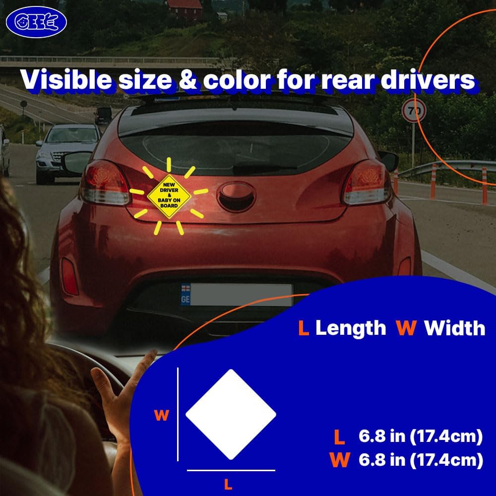 GEEKBEAR Neuer Fahrer und Baby an Bord Auto-Schild - Aufkleber oder Magnet & Farboptionen, wetterbeständig - Rautenform 17,4 cm x 17,4 cm (Yellow, Reflective Magnet)