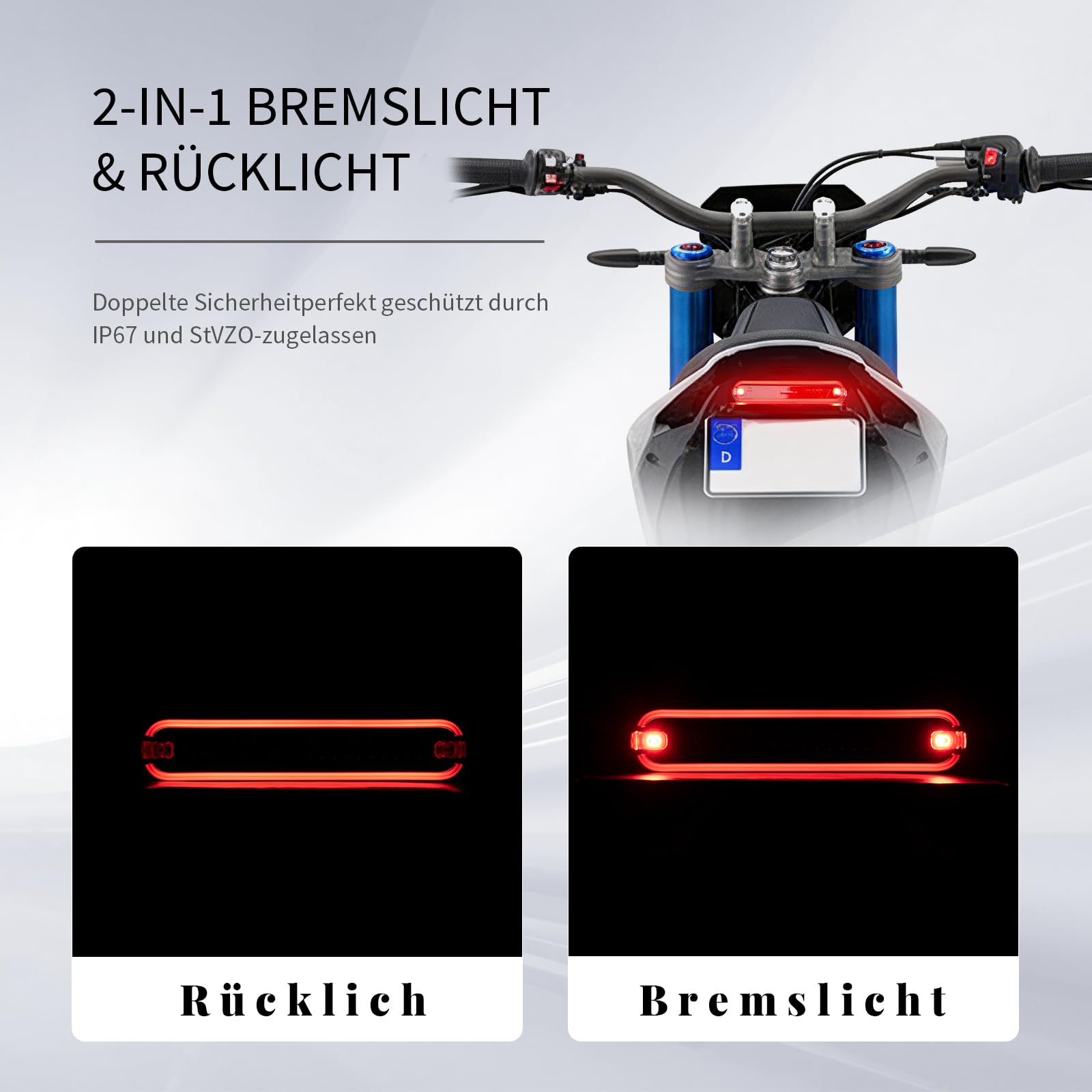 evermotor Luce Freno con Fanale Posteriore LED Moto, 6-12V, IP67 Impermeabile, Cavo 900mm, M18, Certificato CE e Omologato StVZO, Facile Montaggio per Moto, Biciclette ed E-Bike