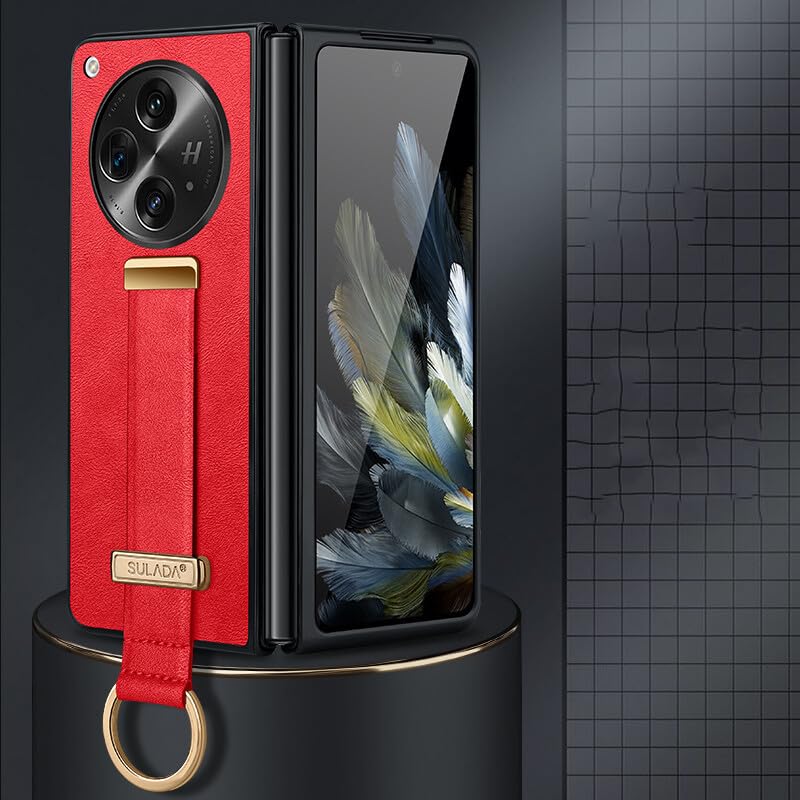 Étui rigide OnePlus Open rouge, coque cuir à rabat et sangle de maintien