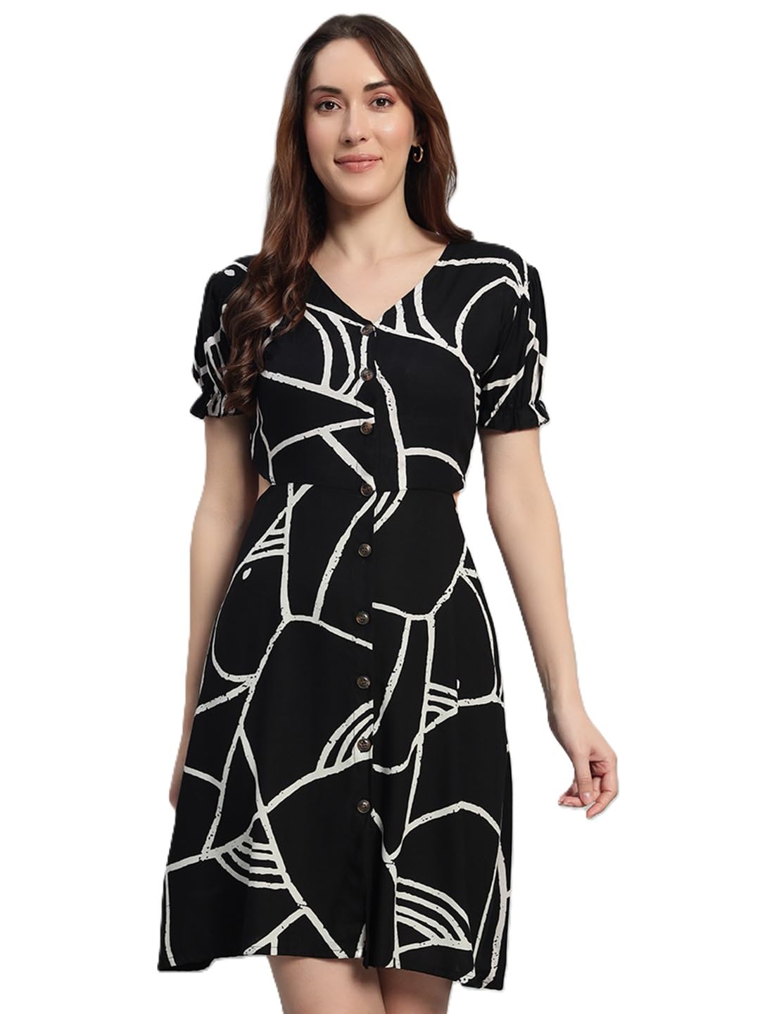 rosemelon Women's V-Neck Button-Down Dress, Black with White Abstract Print, Short Puff Sleeves, Knee Length-picture-42