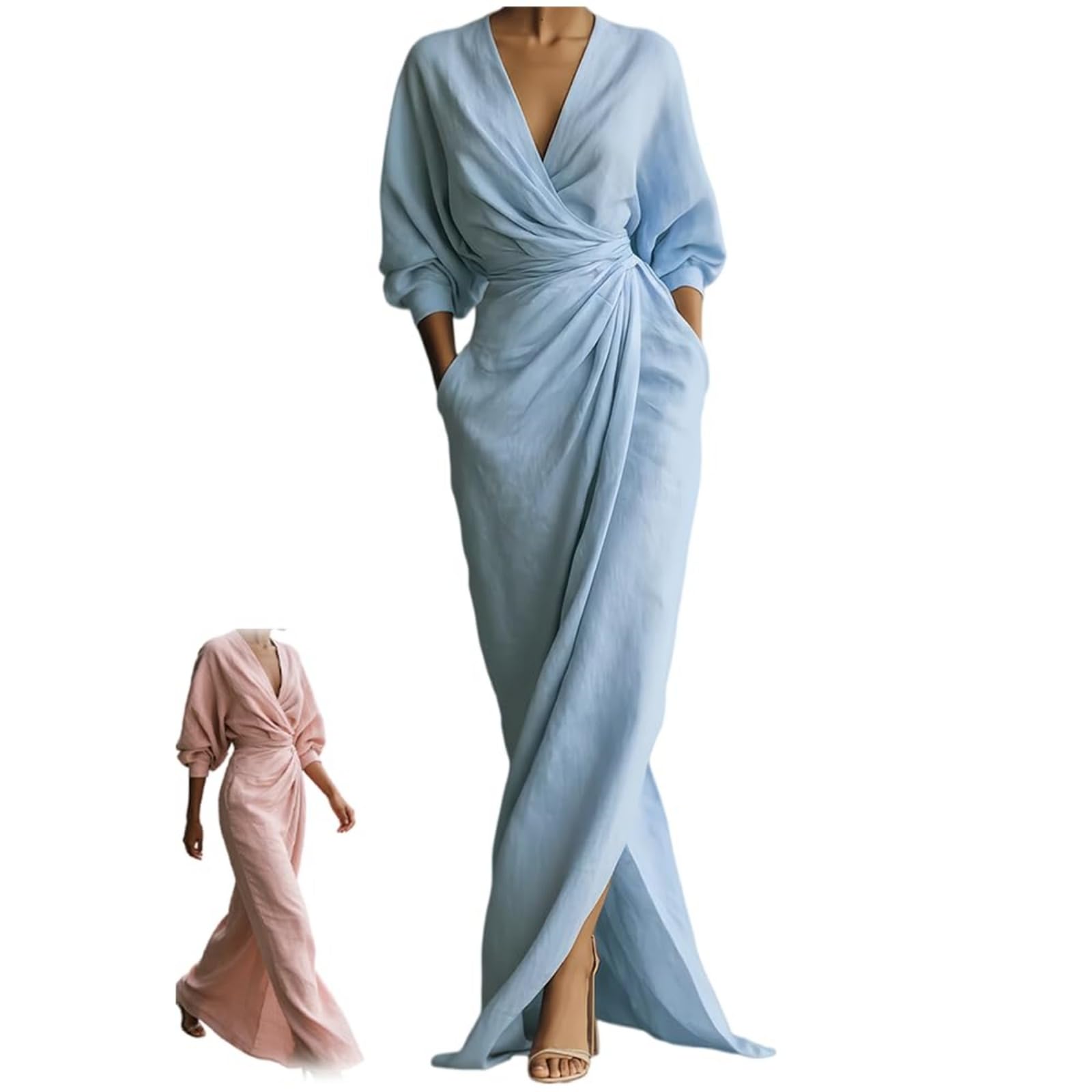 Maxi Abito Donna Primavera/Estate 2026 – Scollo a V, Maniche Lunghe, Vita Incrociata, Dettagli Arricciati, Spacco sull'Orlo – Stile retrò, Elegante e Formale