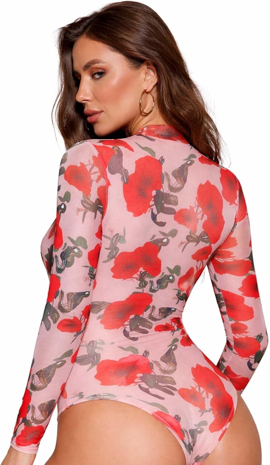 Women's Mesh Long Sleeve Bodysuit Sexy Mock Neck Printed Body Suit Lined One Piece Jumpsuit Going Out Tops - Image 3