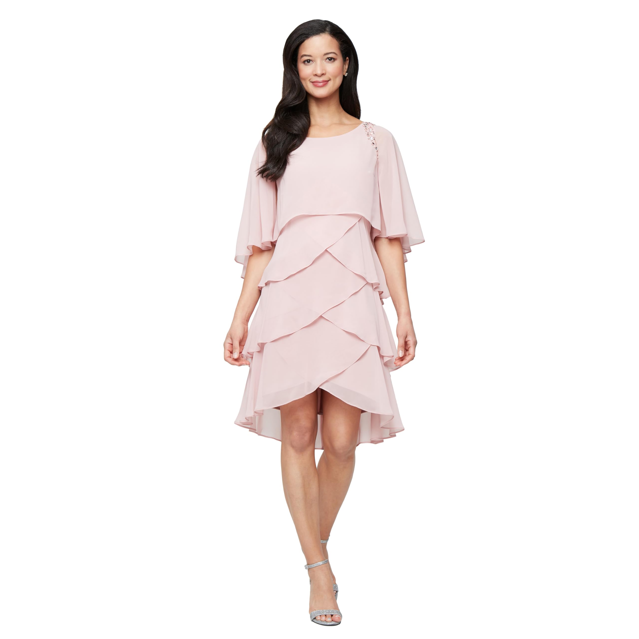 S.L. Fashions Womens Tiered Chiffon Cocktail Party Dress with Attached Cape & Beaded Shoulders (Petite and Regular Sizes), Faded Rose, 16