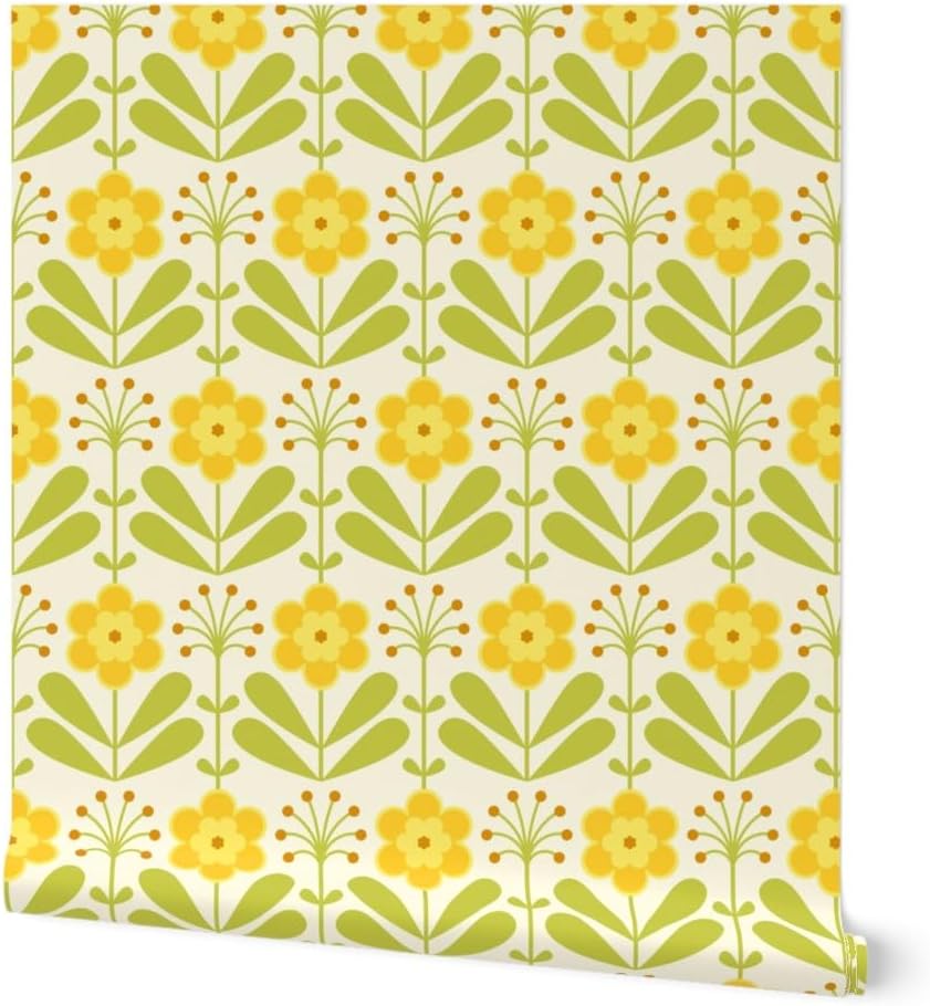 Removable Wallpaper Swatch - Retro Groovy Floral MCM Mid Mod Flowers Yellow Sixties Seventies Hippie Vintage Midcentury Modern Custom Pre-Pasted Wallpaper by Spoonflower