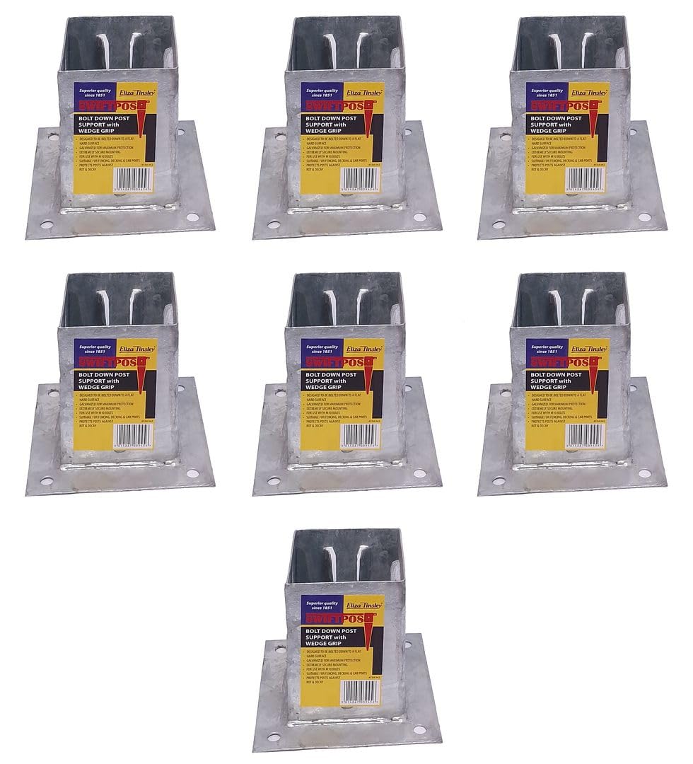 7 x Fence Post Holder 100mm posts Support Bolt Down Shoe Anchor Wedge Grip Galvanised for 100mm x 100mm posts (4") Eliza Tinsley Swiftpost, Pack of 7