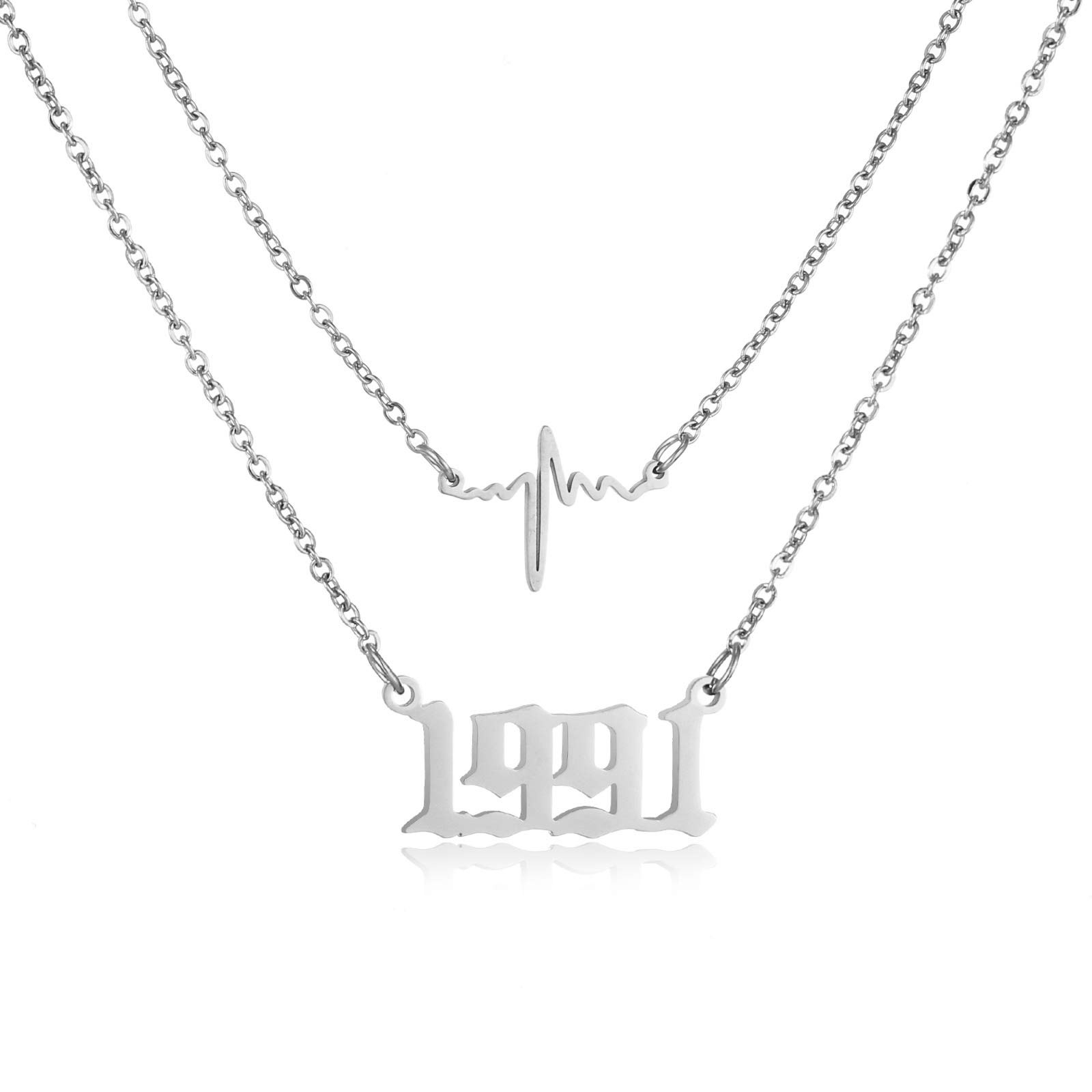 RWQIANLayered Birth Year Necklace for Women Birth Year Number Pendant Necklace Stainless Steel Birthday Year Necklace for Girls
