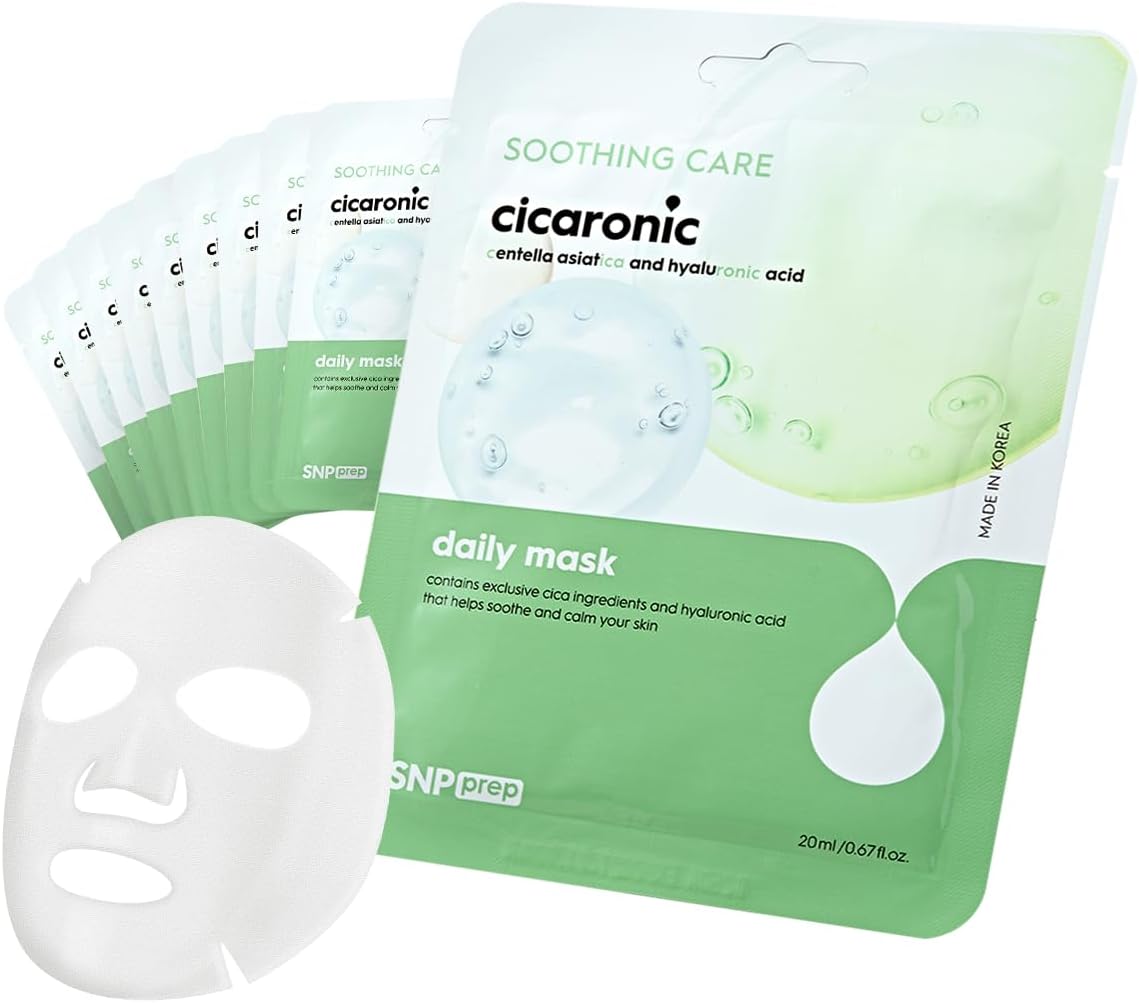 SNP Cicaronic Ampoule Sheet Mask | Soothing, Hydrating, and Calming for All Sensitive Skin Types with Cica, Hyaluronic | Face Masks Skincare | Korean Skin Care Facial Mask | 10 Sheets