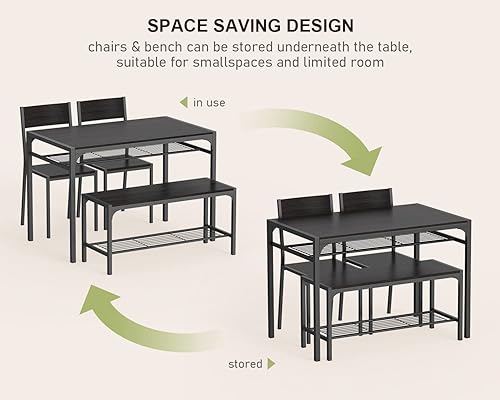 Miniatura 4 de Gizoon Mesa de cocina y 2 sillas para 4 personas con banco, juego de mesa de comedor de 4 piezas para espacio pequeño, apartamento Negro