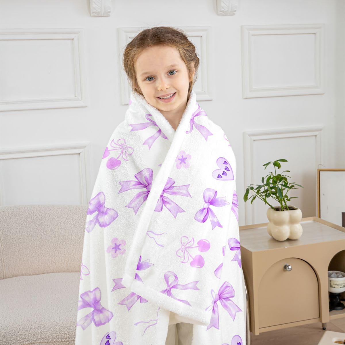 Homewish Fioletowa wiśnia kokarda koc polarowy Twin 152 x 203 cm urocze serce ciepły pluszowy koc szerpa urocza wstążka kokarda puszysty pluszowy narzuta miłość walentynki serce biuro kawaii wystrój