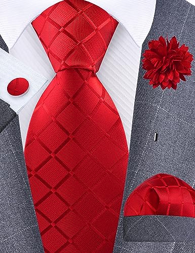 Image of GUSLESON 3.15 inch(8cm) Mens Tie and Lapel Pin Plaid Checkered Necktie Hankerchief Cufflinks Set for Men