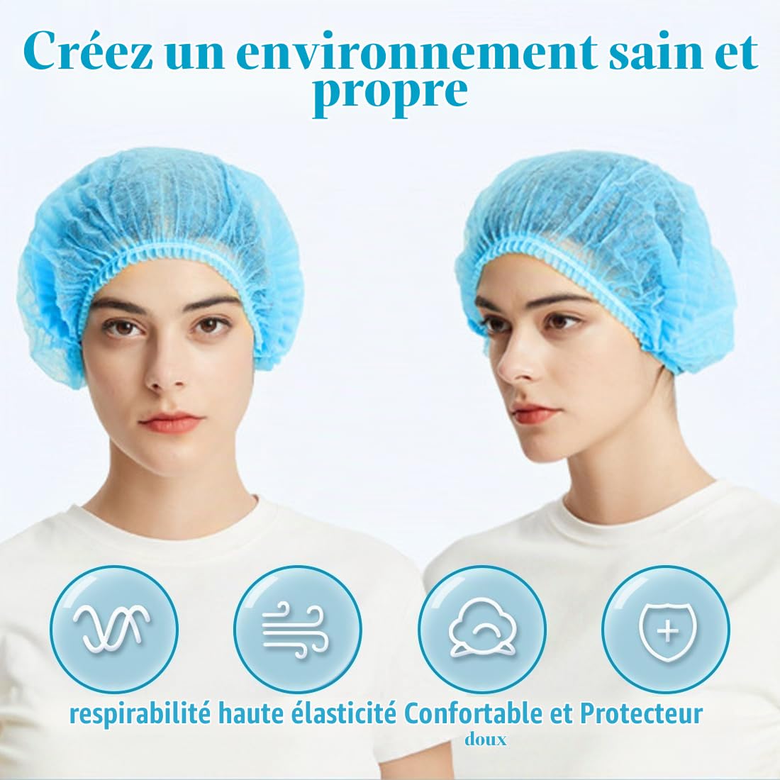 NHQZ 50 Charlottes Jetables Bleues Non-tissées Respirantes Bonnet à Usage Unique Sans Latex pour Cuisine Laboratoire Médical Industrie Visiteur Femme Homme