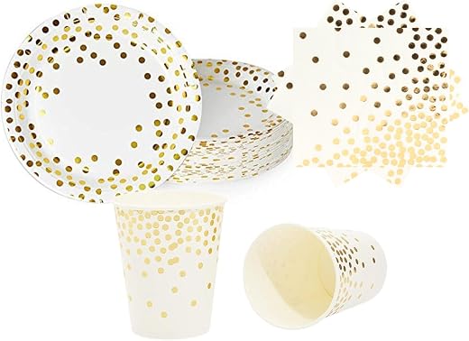 White & Gold Foil Polka Dot Disposable Paper Plates for Party | Paper Napkin Glass Plate Combo Set (Pack of 10 Plate, 10 Glass, 20 Napkin)