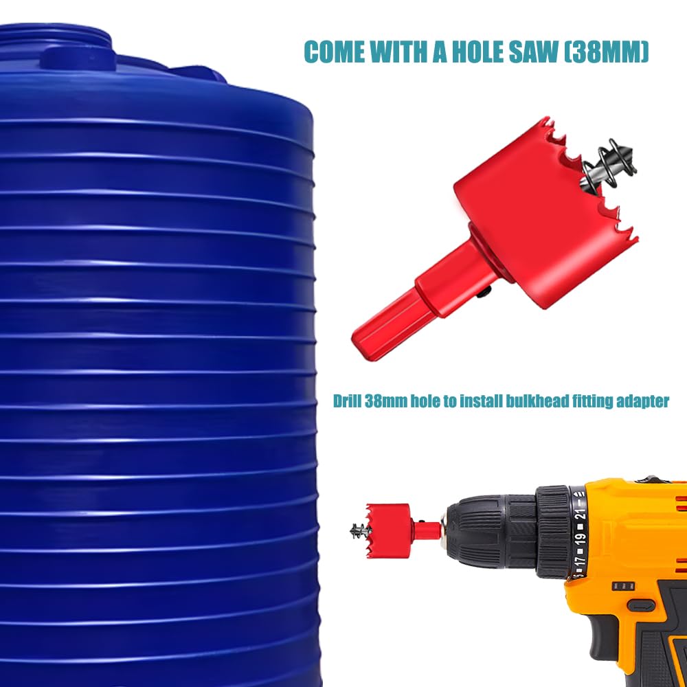 Regentonnen-Zapfen-Set mit Lochsäge, 4-teilig, PVC-Schottverschraubung, Kugelhahn, Gartenschlauch-Außengewindeadapter, Widerhaken-Adapter, Gewindedichtband (3/4 Zoll)