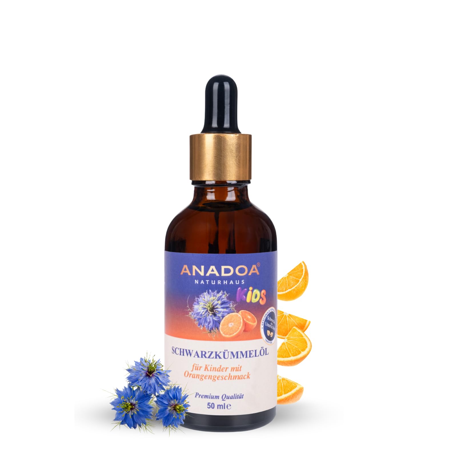 Anadoa Schwarzkümmelöl für Kinder 50 ml | Kaltgepresst & Naturrein | Hoher Thymochinongehalt | Schwarzkümmelöl Kinder mit Milder Orangengeschmack | Kindgerechte Rezeptur & Ohne Zusatzstoffe