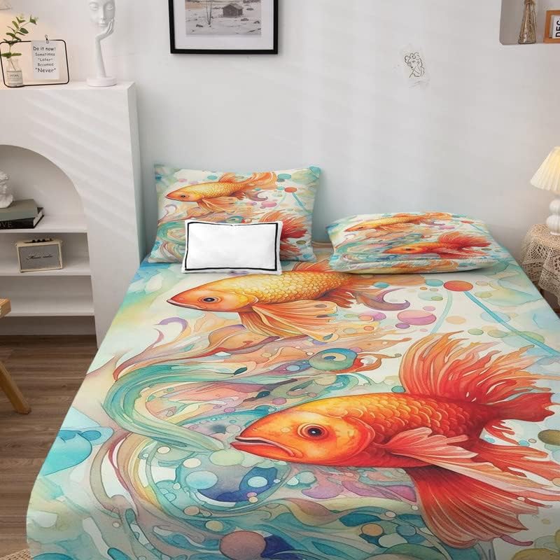 Goldfish Sheets Queen Size - Fish Bed Sheets, Soft Microfiber & Deep Pocket & Wrinkle Free Patterned Bedding Sheets & Pillowcases, 4 Piece (1 Fitted Sheet, 1 Flat Sheet, 2 Pillow Cases)
