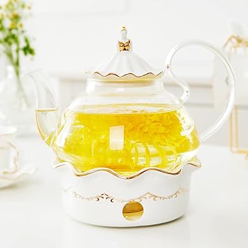 DUJUST Blooming Tea Pot Set, Luxury British Design with Relief Decor & Gold Trims, Hand-Crafted Clear Teapot with Warmer, 40oz Glass Teapot with Infuser, Stove-Safe Tea Party Gift & Home Decor