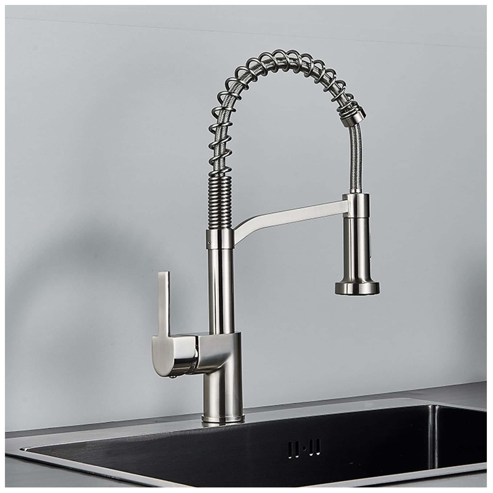 FCXWEVR Matte Black Commercial Kitchen FaucetHigh Arc Pull Down Sprayer Single Handle Brass Sink Faucet Modern Spring Design for Kitchen Sinks Durable & Stylish