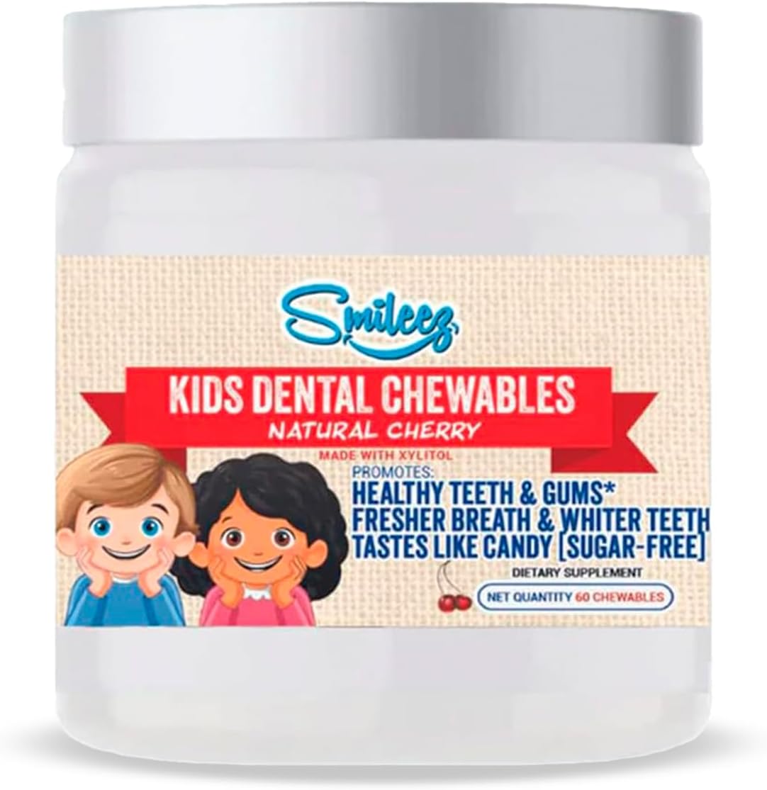 Kids Dental Chewables with Xylitol | Sugar-Free Natural Cherry Flavor | Oral Health Tablets with Papain & Bromelain | Supports Healthy Teeth & Gums, Fresh Breath & Helps with Dry Mouth | 60 Count