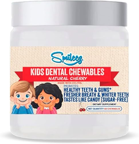 Masticables dentales para niños con xilitol | Sabor a cereza natural sin azúcar | Tabletas de salud bucal con papaína y bromelina | Apoya dientes y