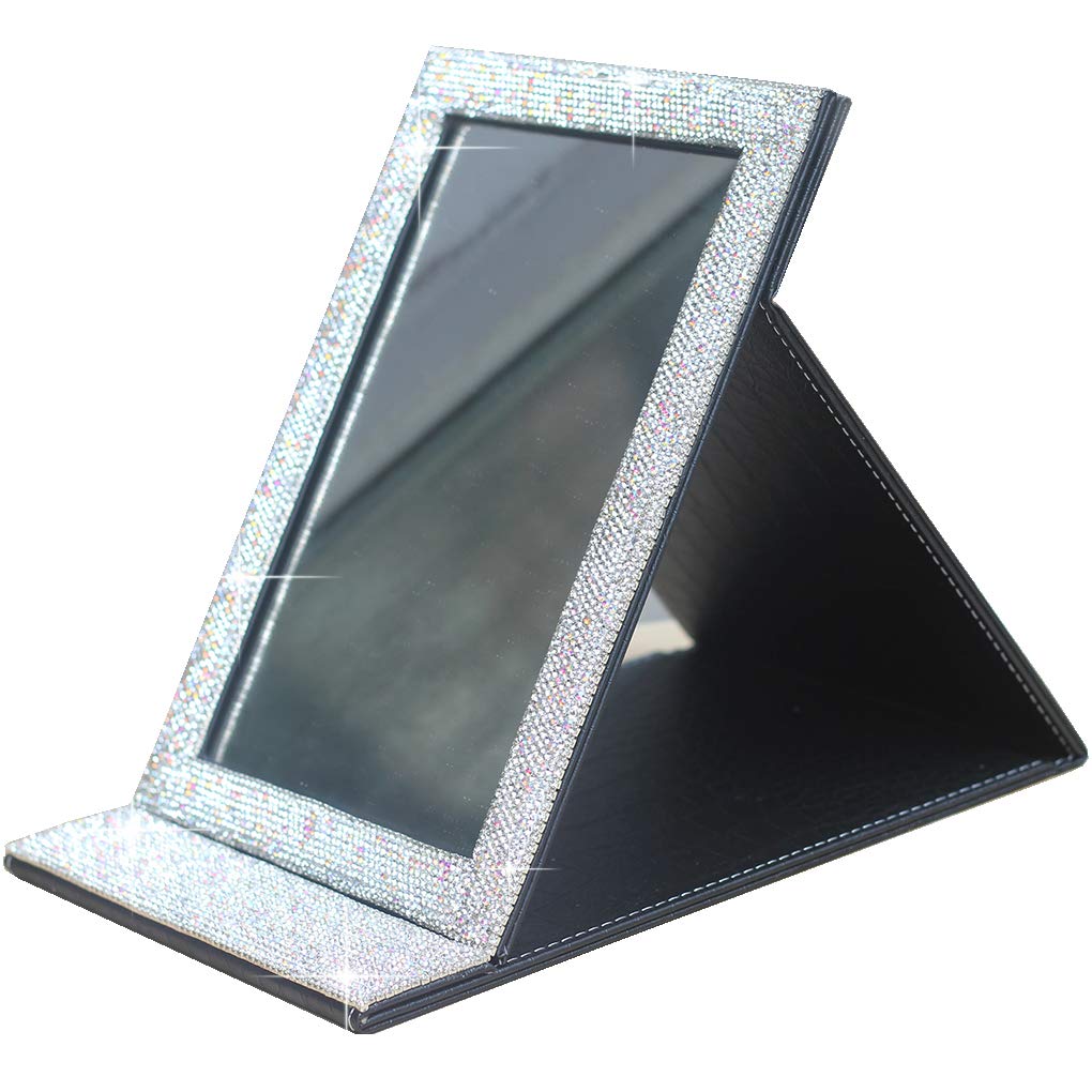 Bling - Specchio portatile pieghevole da viaggio con supporto da scrivania, per cosmetici, bellezza (nero)