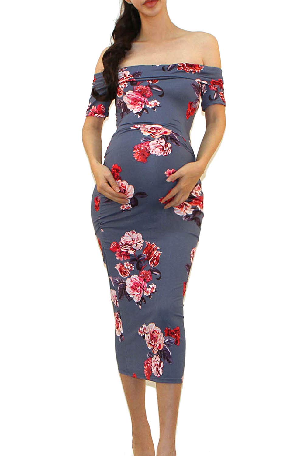 Vivicastle USA Women's Off Shoulder Ruffle Ruched Sides Knee Length Maternity Bodycon Dress