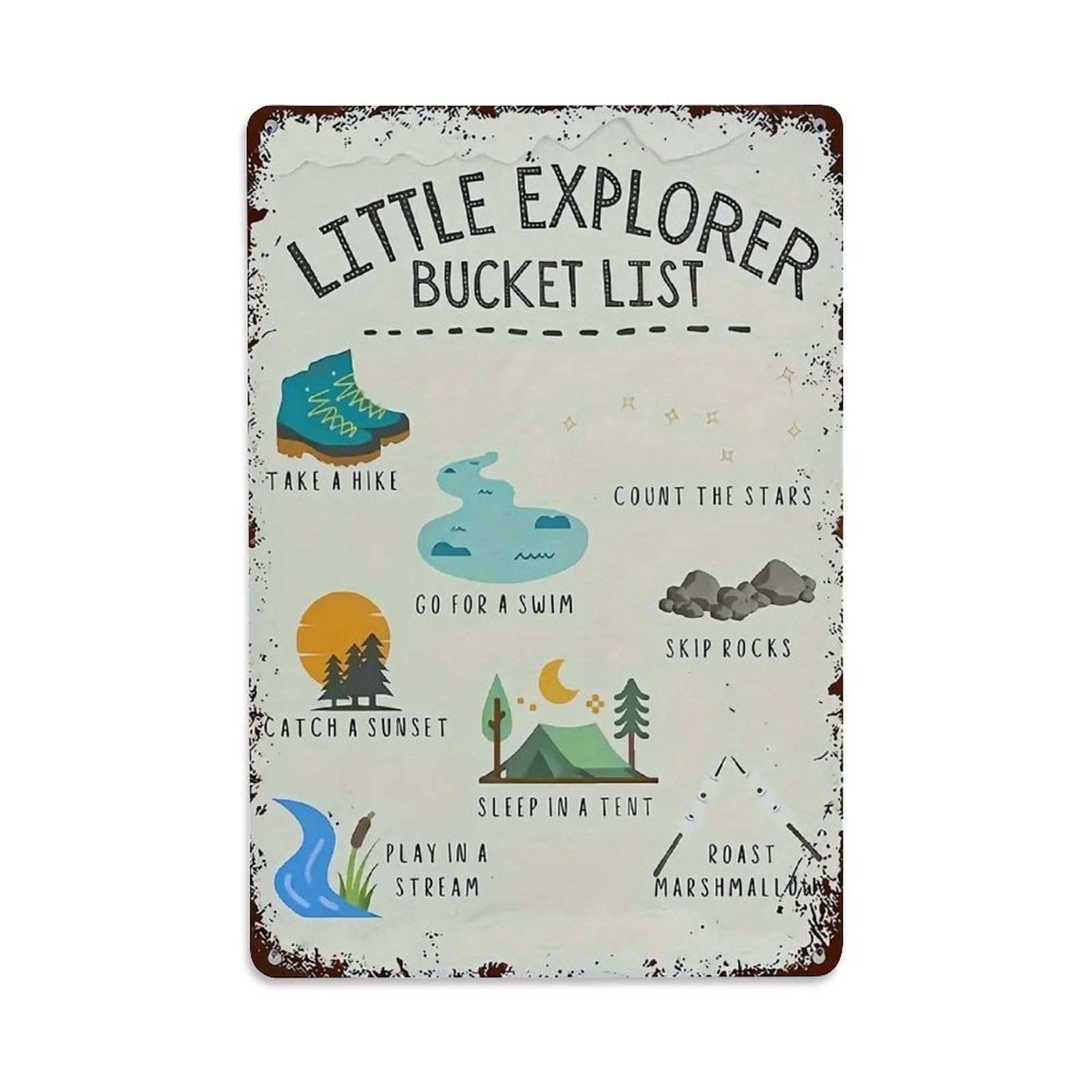 Nestemfo Vintage Little Explorer Bucket List Prints Tin Sign Metal Sign, Living Room,Bar, Home, Bedroom Wall Decor,Retro Metal Poster 8X12 Inches