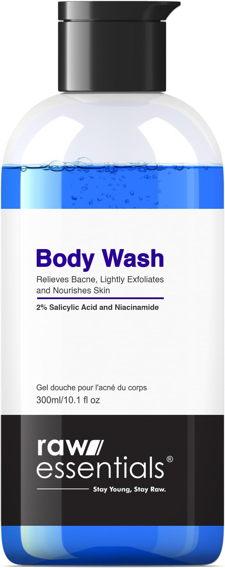Raw Essentials Body Wash, 2% Salicylic Acid and Niacinamide 300ml (Pack of 1), Relieves Body Acne, Exfoliates and Nourishes Skin, SLS & Paraben Free, For Men & Women