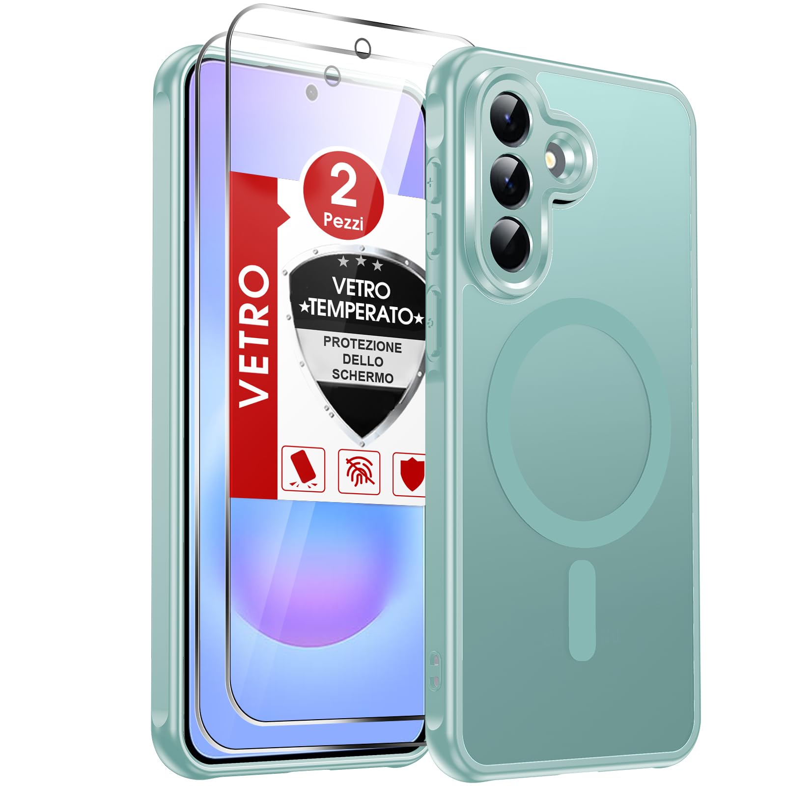 LeYi Cover Magnetica per Samsung Galaxy A57 5G con 2 Pezzi Vetro Temperato, Custodia per A 57 Traslucida Opaca Anti-Impronte Resistente ai Graffi Paraurti in TPU Antiurto Protettiva Case, Blu Teal