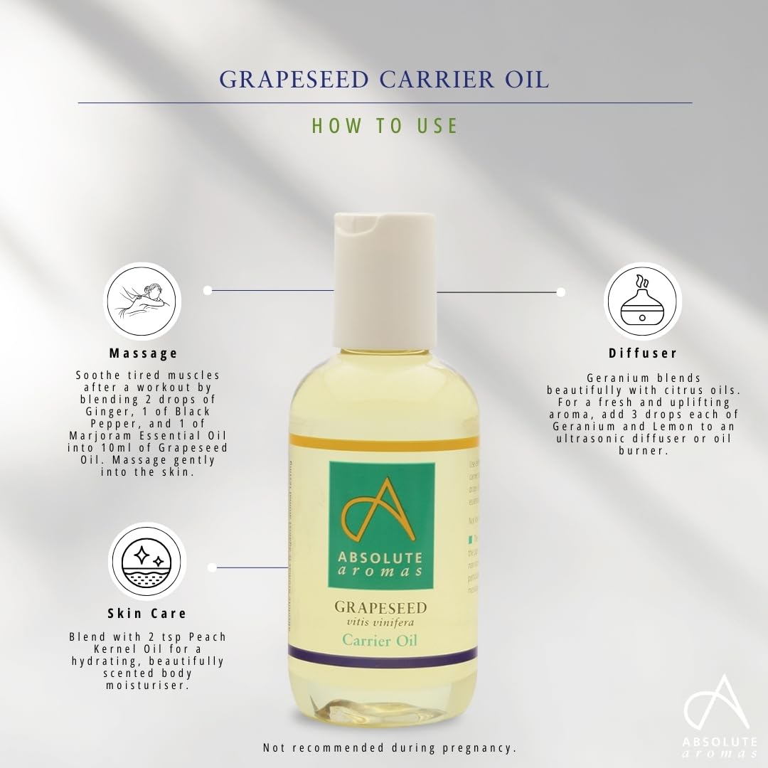 Absolute Aromas Aceite de Semillas de Uva de 500 ml - Puro, Natural, Prensado en Frío, Sin Crueldad Animal, Vegano, Sin OGM - Aceite Base para Masajes e Hidratante Natural para la Piel, Cabello y Uñas (500ml)