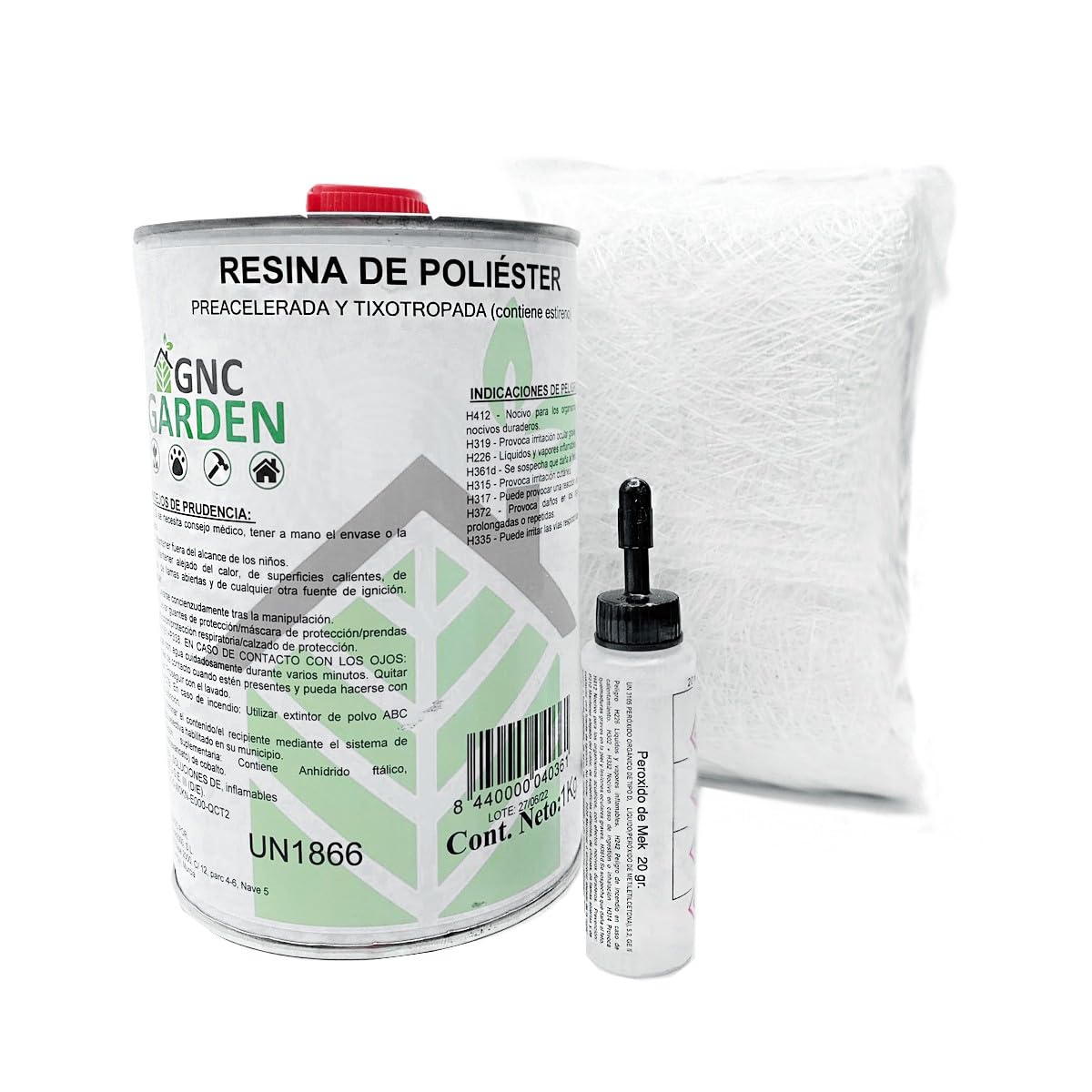 GNCGarden Kit Reparación Resina de Poliéster 1kg (1kg Resina + 1m2 Mat-300 + 25grs Catalizador) para Metal, Fibra de Vidrio, Madera, Plástico, Vidrio