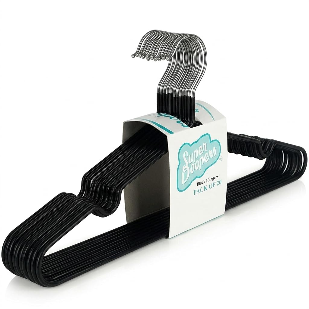 Super Doopers Black Pvc Coated Metal Hangers - Metal Wire Hangers With Non-Slip Notches - Heavy Duty, Slim & Space-Saving Storage Holders For Clothes, Coats, Shirts - 40.5Cm Long, 18Cm Tall - 20-Pack