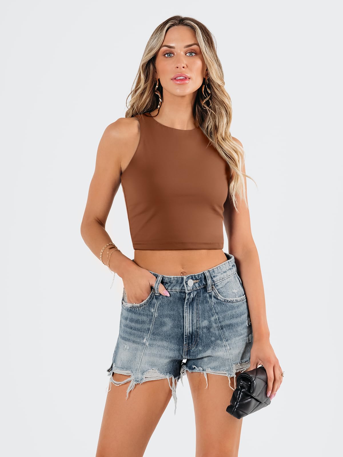 EFAN Womens Sexy Sleeveless High Neck Crop Tops Workout Cute Racerback Cropped Tank Tops Summer Clothes Teen Girls