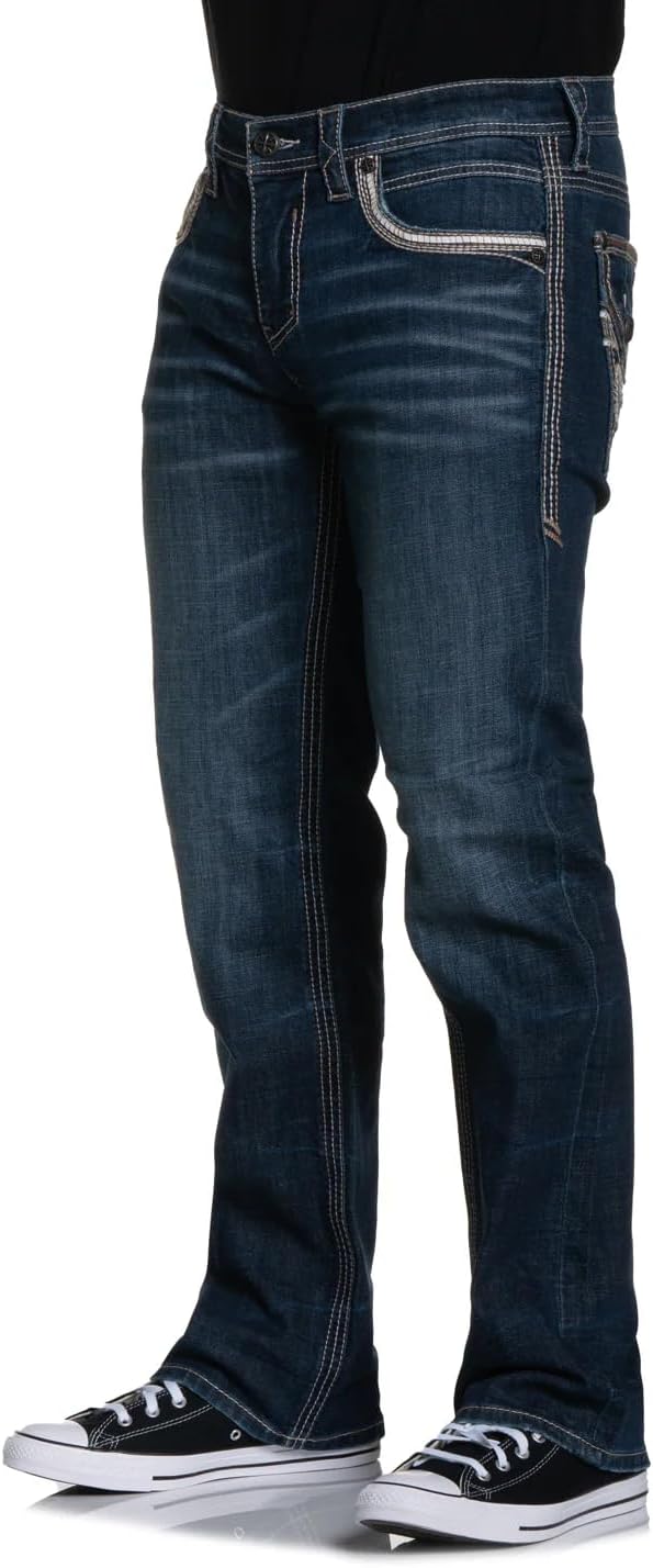 Affliction Men's Dark Wash Denim Jeans with Decorative Back Pockets, Straight Leg, Classic Fit