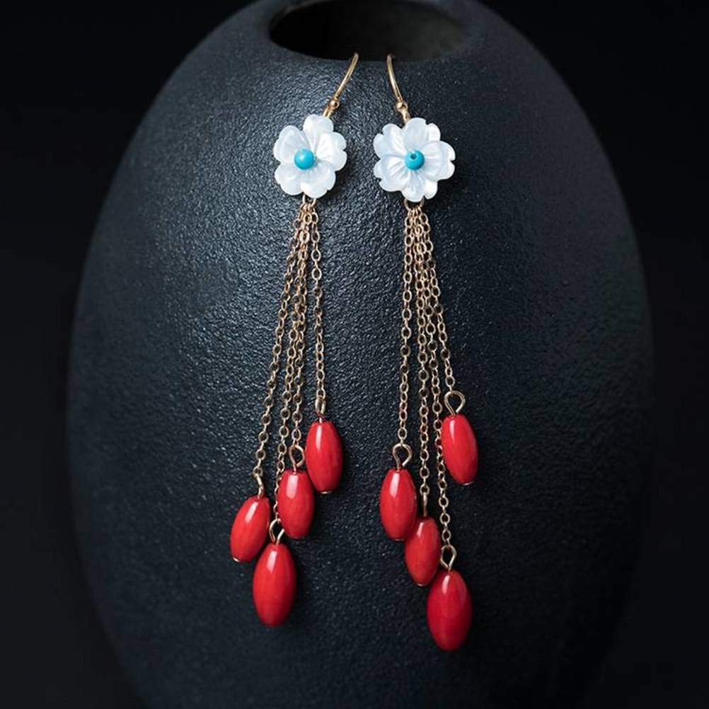 Kolczyki dla dziewcząt, Kobiet Drop Studs ręcznie robiony kreatywny design 14K Naturalna skorupa Linia Ucha Czerwona fasolka Tassel Long Colringsco