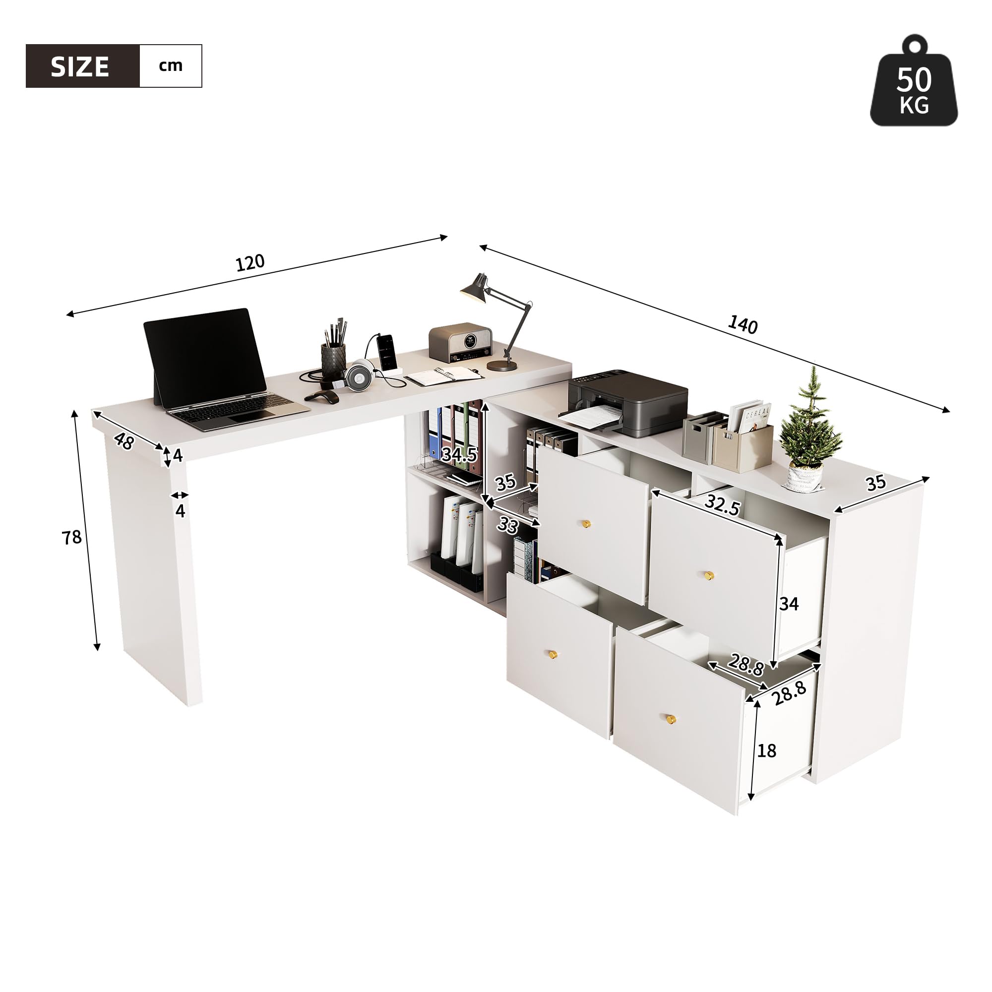 Kebnor Mesa esquinera, tablero orientable 360°, en forma de L o de pie recto, tablero de fibra de densidad media, tablero y patas reforzadas de 4 cm, con 4 compartimentos, cajones, escritorio