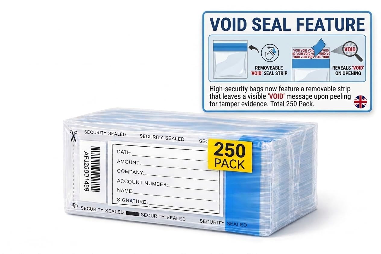 250 Tamper Proof Cash Bags for Banking | Money Bags for Banking UK, Secure Plastic Money Bag for Notes and Coins with Void Seal and Unique Serial Numbers Heather UK (250)