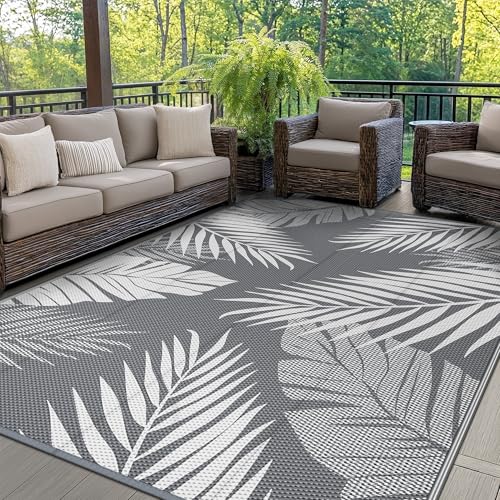 GENIMO Tappeto da Esterno Antipioggia,Impermeabili Eeversibili Lavabili,Tappeto per Terrazze,Giardini,Camper,Picnic,Balcone,180x275cm,Grigio & Bianco