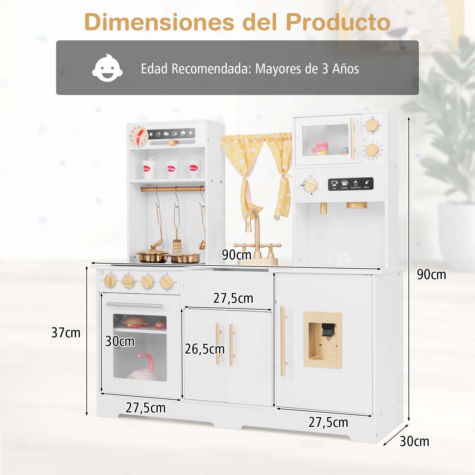 GOPLUS Juego de Cocina de Juguete, Cocina Juguete para Niños con Cafetera, Horno, Fregadero, Cortina, Microondas, Sonidos y Luces Reales, Cocinitas de Juguetes para Niños de 3+ Años (Blanco)