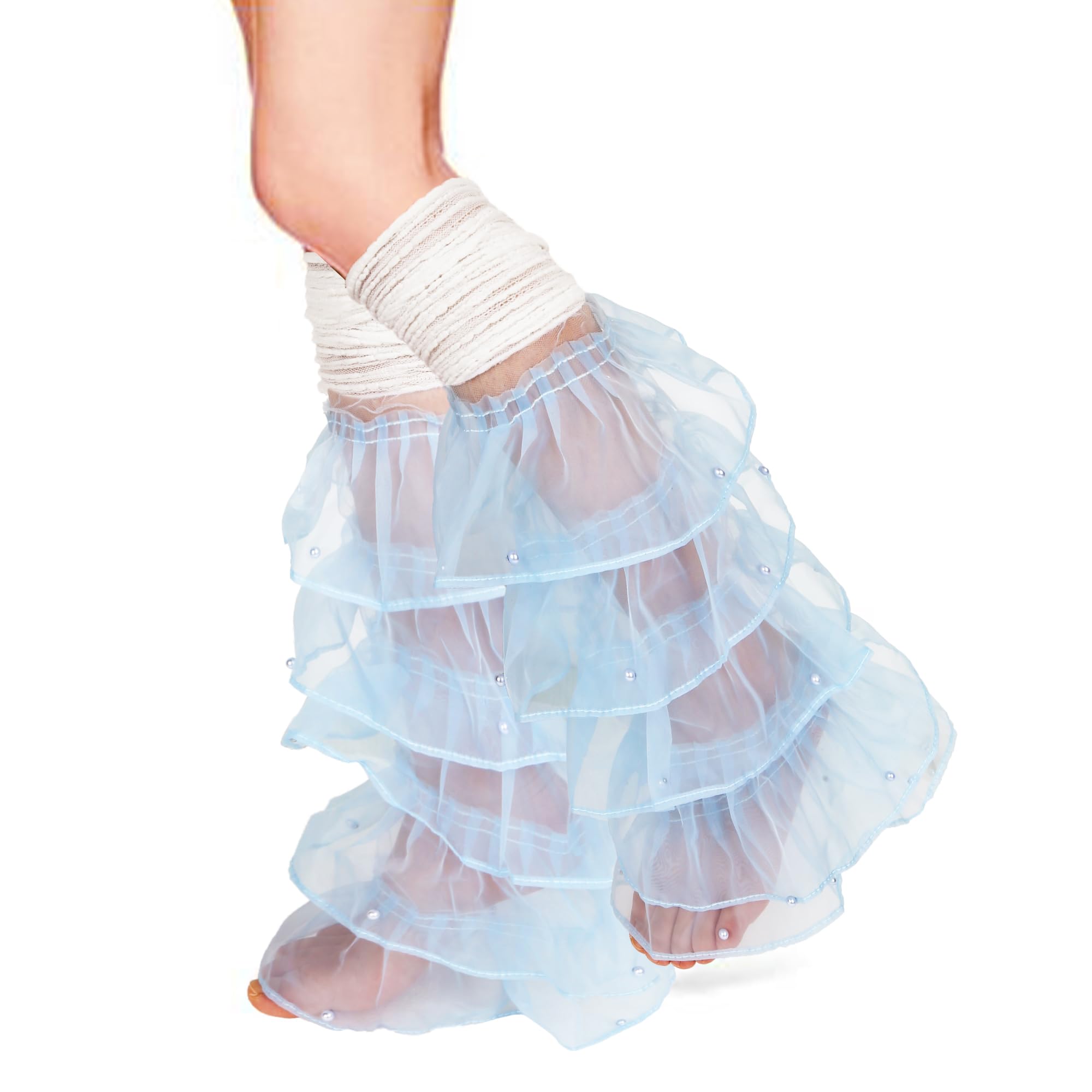 Benefeet Sox Women Lace Leg Warmers with Pearls Girls Cute Mesh Ruffle Thigh Highs Lolita Y2k Fashion Slouch Long Boot Socks: Blue Pearls Lace Ruffle