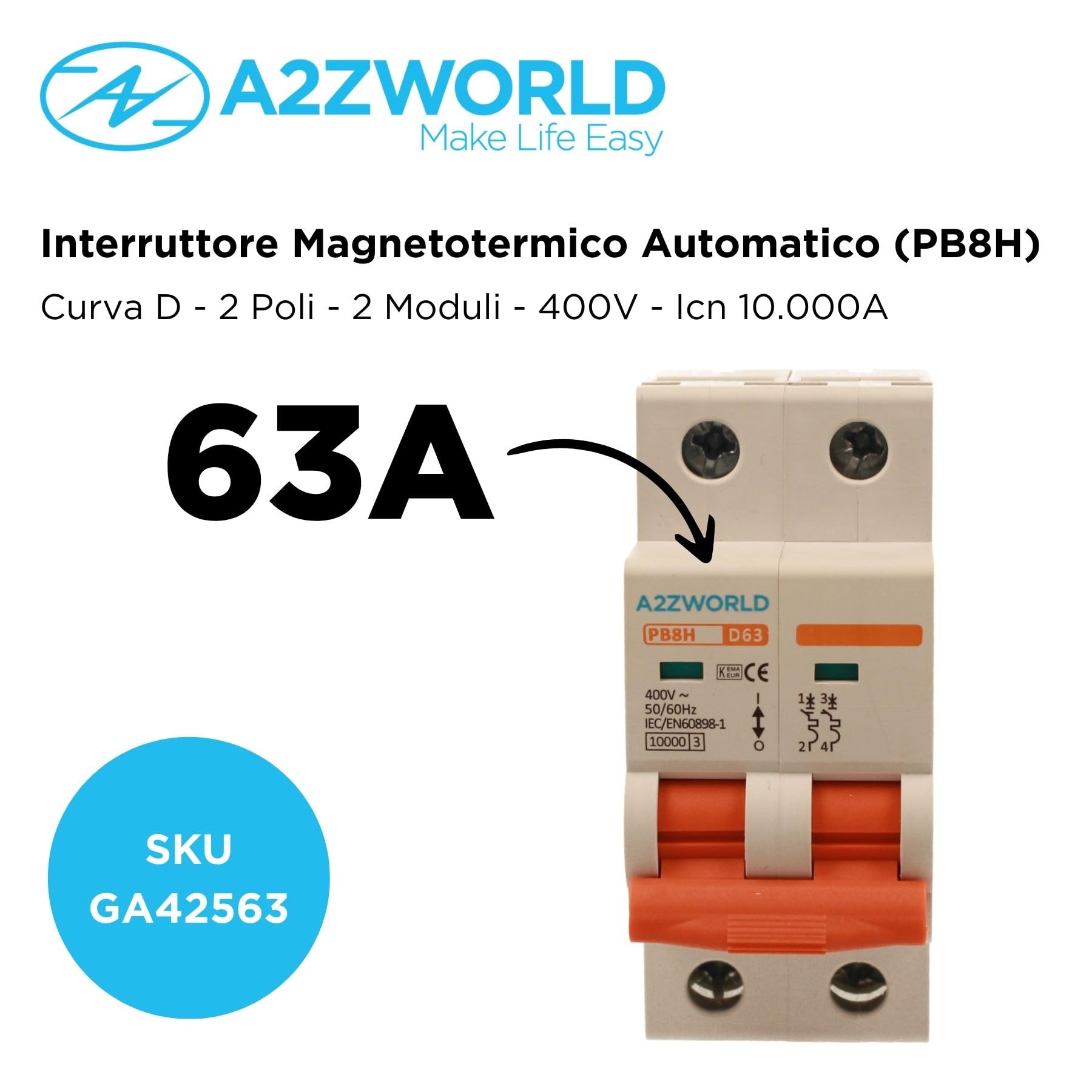 Interruptor magnetotérmico curvo D 63A D63, bipolar 2P 10kA, 2 módulos DIN 220 V AC, certificado IEC60898-1, serie profesional PB8H