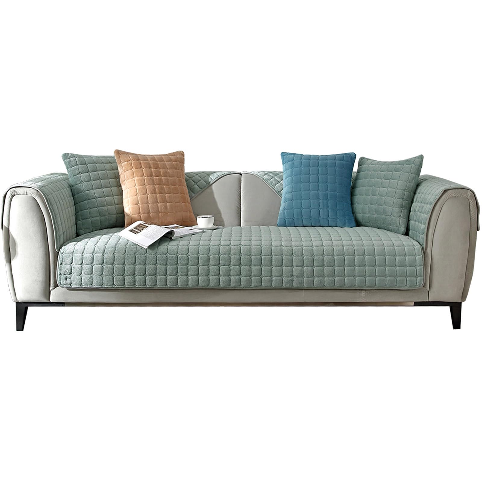 Thdsubb Sofa Cover Quilted Sofa Slipcover 1/2/3/4 Seater Velvet Thick Couch Cover L Shape Warm Non Slip Furniture Protector (Grey green,90cmx210cm)