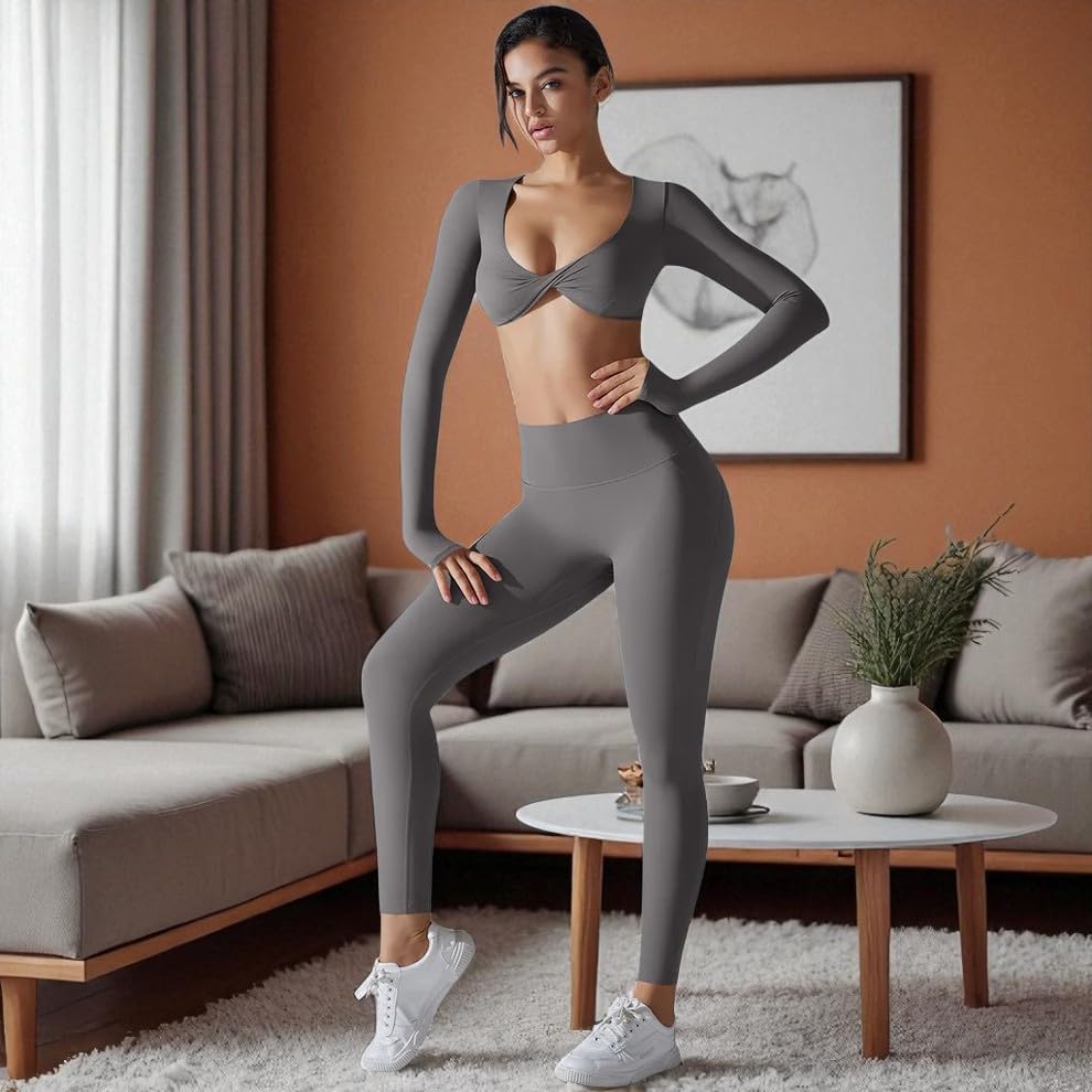 Image of Chic Full Sleeve Bra & Leggings High Waist Butt Lifting Yoga Pants, Fitness Pants
