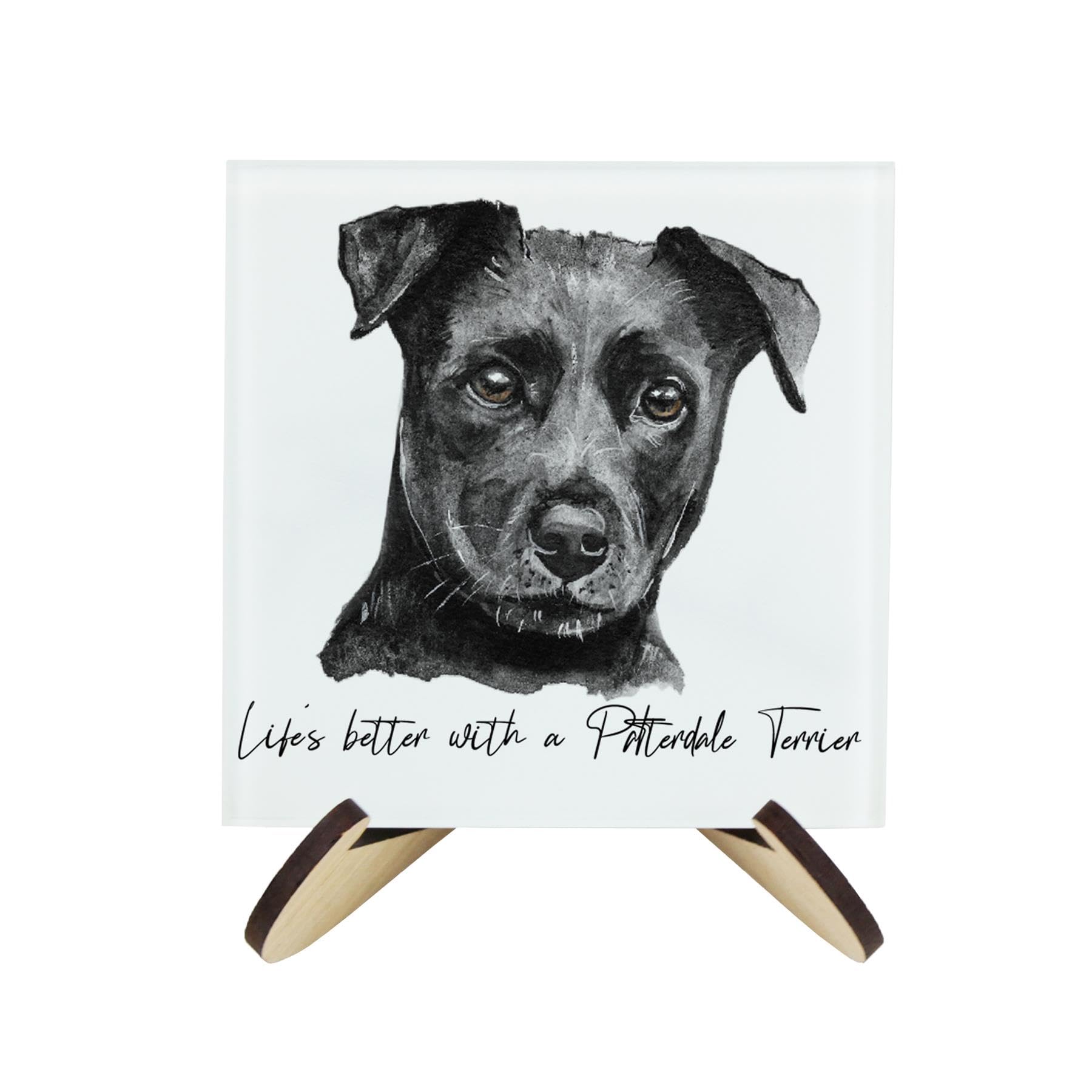 Patterdale Terrier Coaster Set - Life's Better With a Dog Gift - Square Glass Set of Four (4) Coasters & Wood-Effect Stand