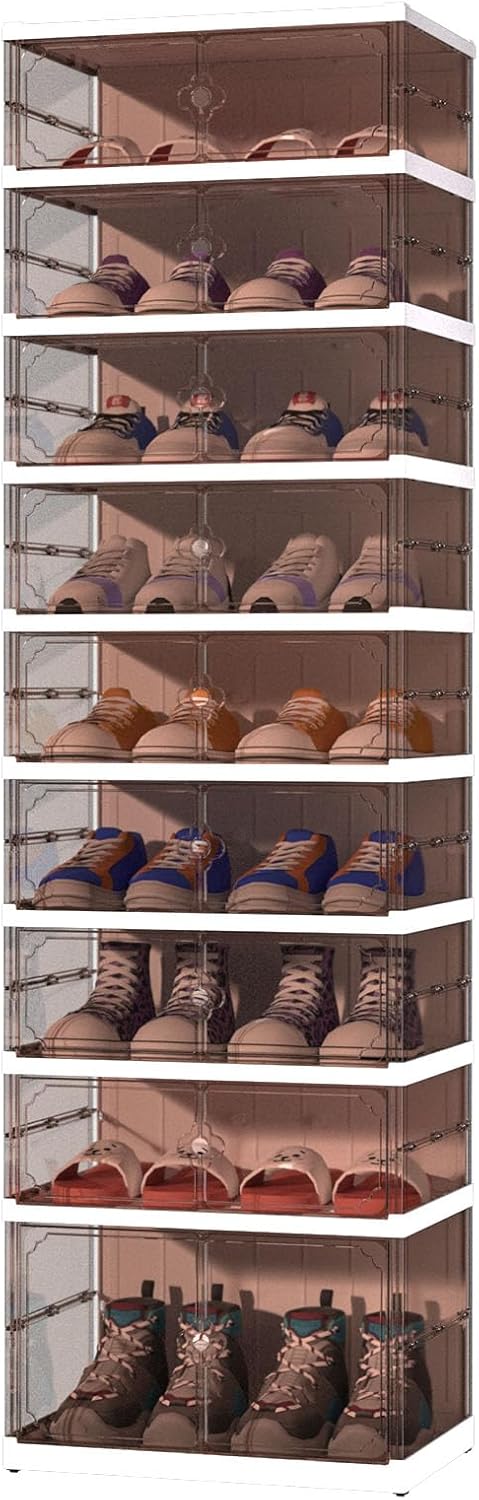 FAHKNS Foldable Shoe Rack 9 Tiers 18 Pairs Portable Plastic Shoes Rack with Magnetic Clear Door, Collapsible Shoes Storage Box for Entryway Living Room and Bedroom, Brown
