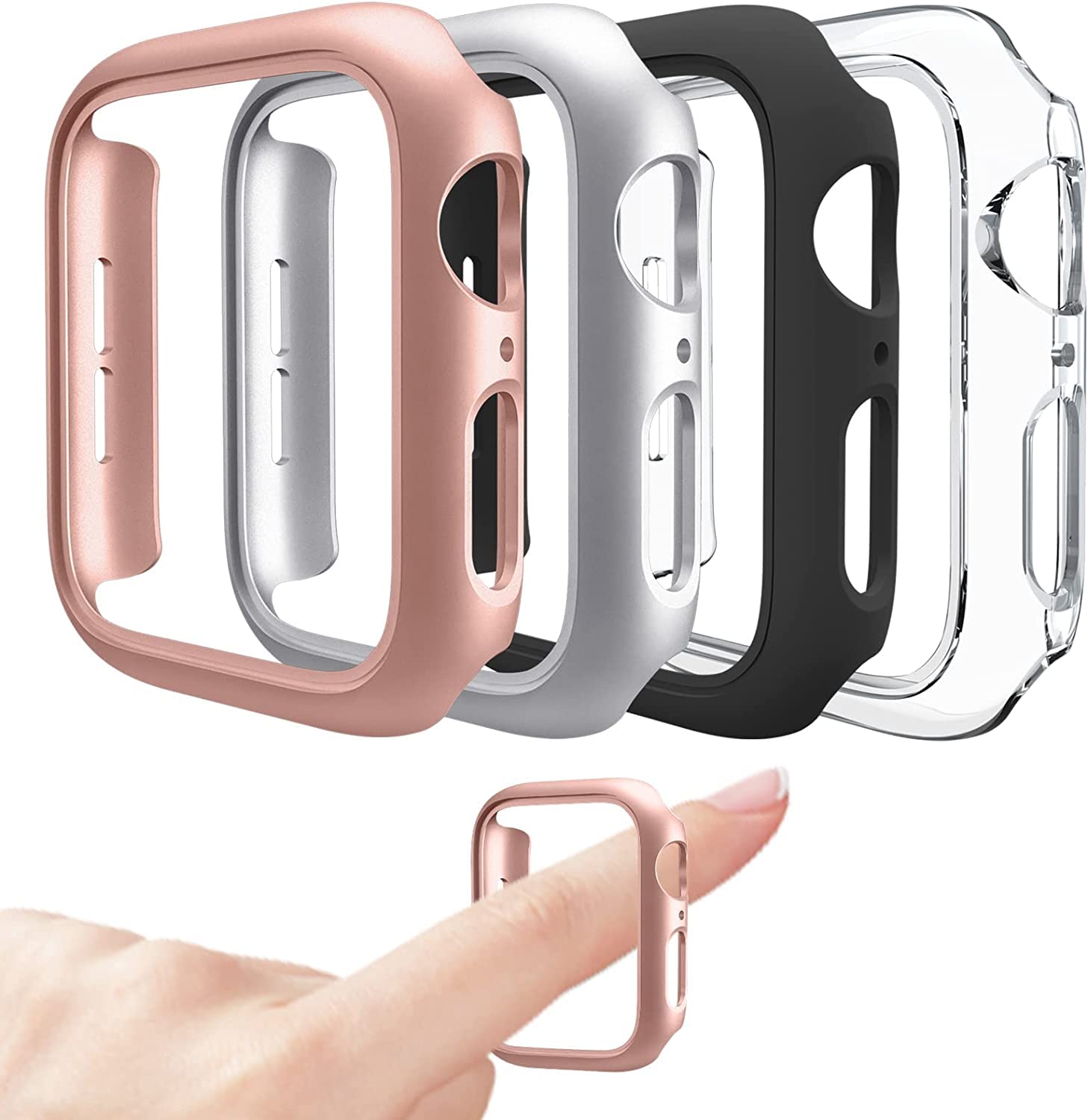 Vancle4 Pack Compatible for Apple Watch Case 40mm / 44mm [NO Screen Protector] Series 6 5 4 SE, Hard PC Bumper Case Protective Cover Frame Compatible for iWatch (40MM, Black/Rose Gold/Silver/Clear)